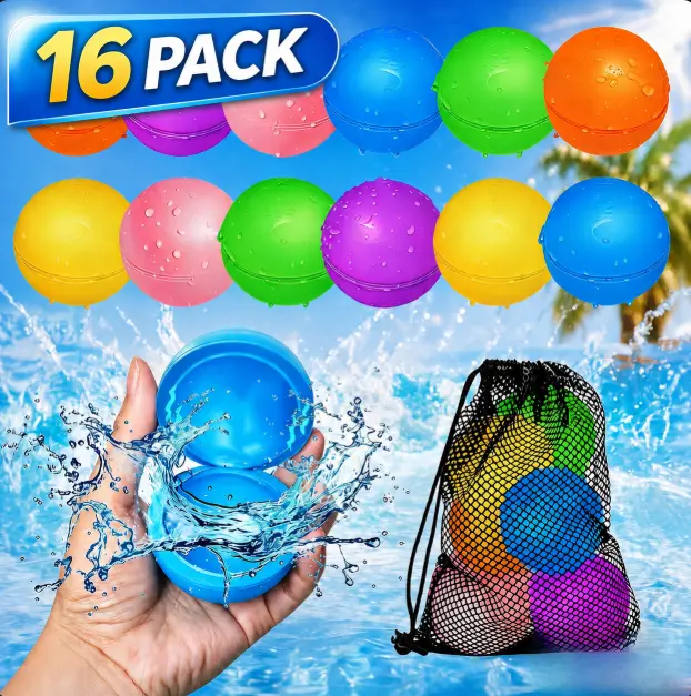 Reusable Silicone Water Balloons - Magnet-Free, Eco-Friendly, 16-Pack with Mesh Bag, Quick Inflate, Ideal for Pool/Beach Backyard Play (Home & Festive Party Supplies)