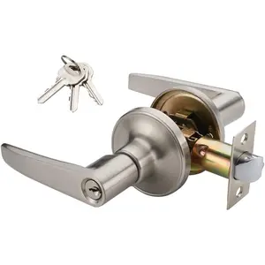 1 Pack Keyed Entry Lever Door Handle Lock, Universal Door Knob Hardware, Brushed Nickel Color (MR802ET)