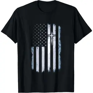 Men's Christian Patriotic T-Shirt, American Flag Cross Graphic 100% Cotton Short Sleeve Round Neck Casual Summer Top