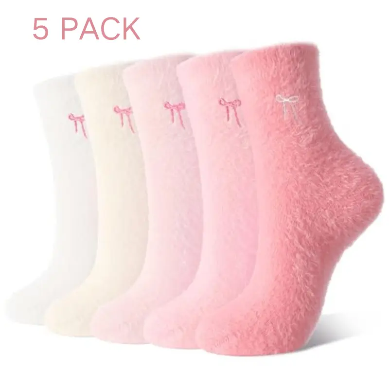 5 Pairs Women's Winter Socks Fuzzy Fluffy Soft Slipper Socks Womenswear Warm Cozy Casual Comfy Plush Thick Crew Socks for Spa Home Sleeping Knot Bow Tie Socks Christmas Gifts for Women Girls Pink and White 5 Pack Socks