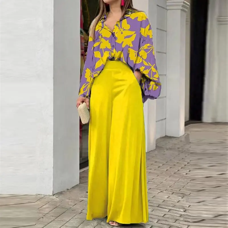Women's Printed Shirt & Wide Leg Pants Set, Elegant Two Piece Outfits, Matching Sets Women, Casual Outfits Women, Summer Outfits, Fall Tops, Work Outfits Women, Office Outfits, Fashion Outfits, Women's Clothing for Business Casual, Travel, Daily Wear