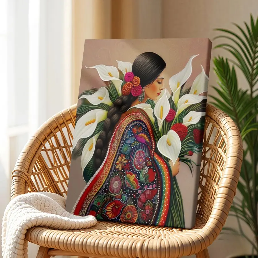 Waterproof Wood Wrapped Framed Canvas Wall Art - Vintage Calla Flower Print, Diego Rivera Latin America Mexico Boho Style, Living Room Decorations, Decor for Living Room, Hanging Hardware Included, Perfect Gift for Home Office