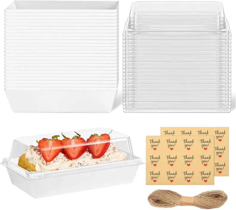 50 Packs 6 x 3 Inches To Go Dessert Boxes with Clear Lids, Small Treat Boxes Paper Charcuterie Containers for 2 Cupcakes, Muffins, Sandwich, Strawberries (White)