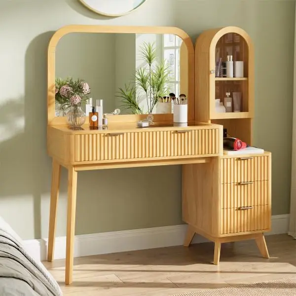 Natural 48in Fluted Pine Wood Makeup Vanity - Freestanding Glamorous Fancy Elegant Makeup Vanity, 32in Arched Mirror, Arched Glass Cabinet, Glass Top Desk, Power Strip, 9-Grid Drawer, 3 Side Drawers for Bedroom, Glamorous Makeup Vanities