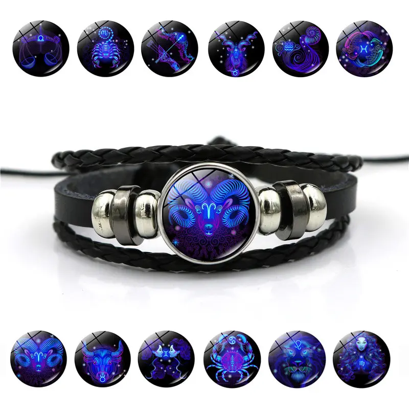 Zodiac Constellation Bracelet, a Multilayer Black Leather Wrap for Women and Men, Adjustable with a Glowing Design