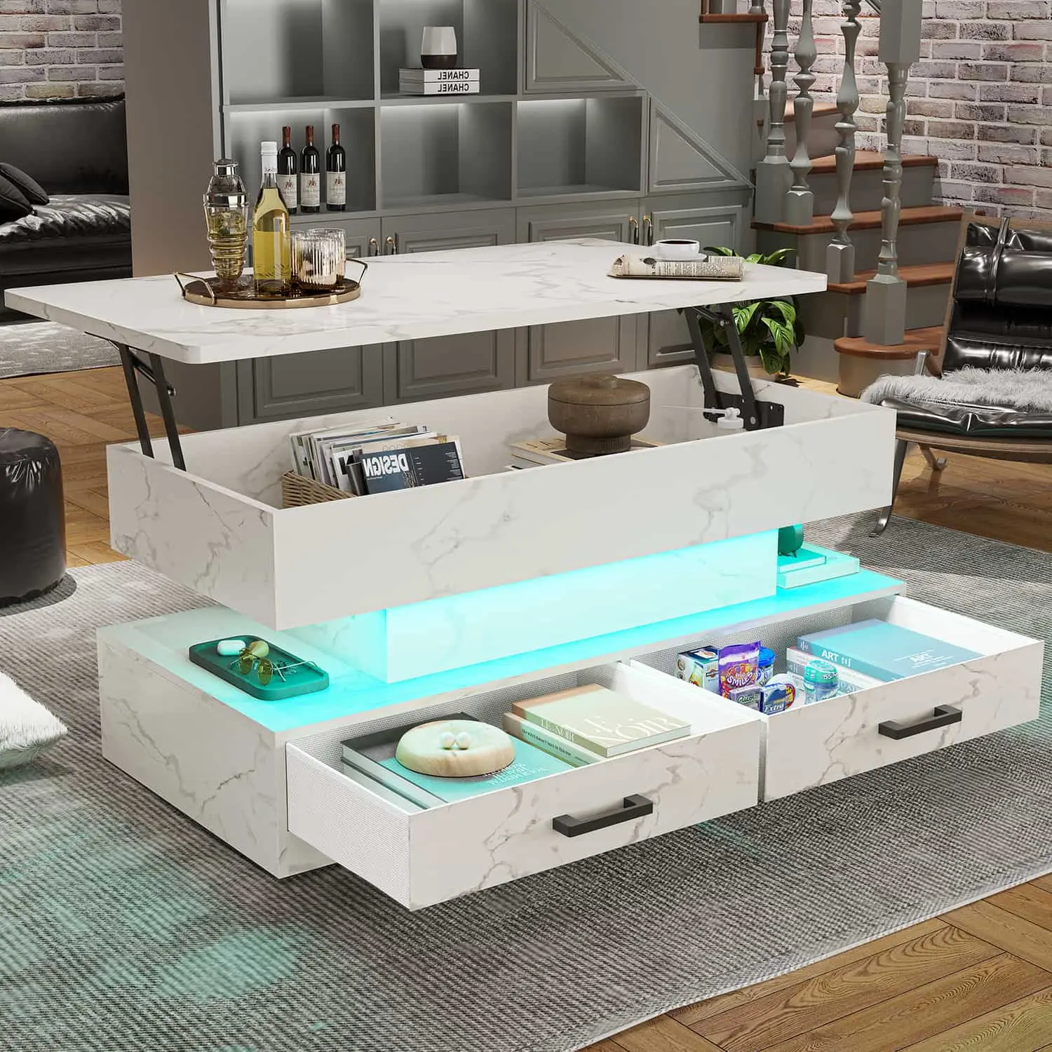 Sedeta 40-in Modern Lift-Top Faux Marble Rectangular Coffee Table - Foldable, Height-Adjustable Indoor Living Room Furniture with Drawers, LED Lights, Storage Compartment, Modern Coffee Tables, Modern Coffee Table