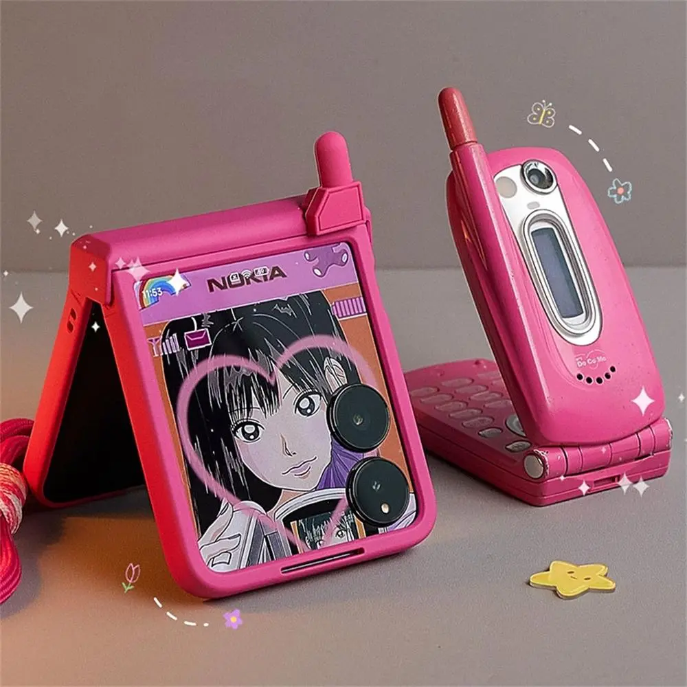 Japan Korean Kawaii Mobile Phone Model Case For Samsung Galaxy Z Flip 6 Flip 5 For XiaoMi Mix Flip Cute Girl Cover With Strap