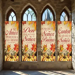 4 Pcs Religious Banners, Polyester Material Religious vertical banner set with autumn maple leaf pumpkin patterns and psalm texts suitable for thanksgiving harvest season indoor church home wall religious decoration hanging flags