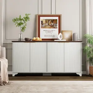 【GARVEE】61" Large Buffet Sideboard Cabinet with 4 Fluted Doors, Adjustable Shelves, and Spacious Storage; Modern Farmhouse Style for Kitchen and Living Room in White, Oak, or Dark Oak Finish