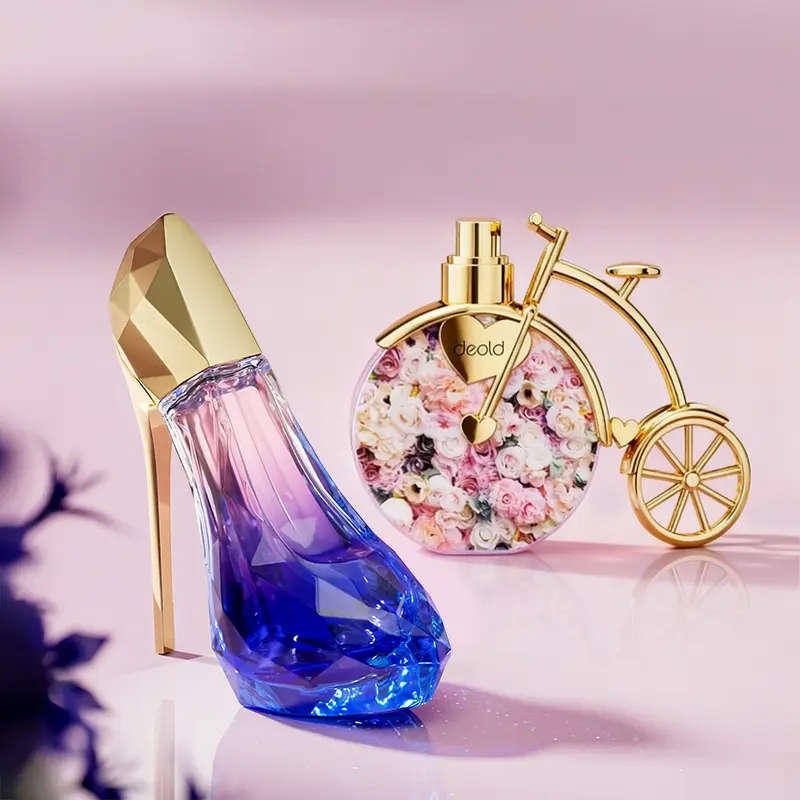 2PCS 1.01Oz(30ML)+0.85Oz(25ML)High-End Gift Pack,Floral Bicycle Shape Plum Blue High Heels Diamond-Cut Design Bottle,Suitable For Daily Wear, Parties, Party Gift, Mixed Packaging,Long-Lasting Fragrance,Floral Scents Perfume