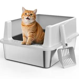 Metal Cat Litter Box with Cover, High-Sided Stainless Steel Pan for Kittens, Features Non-Stick Surface and Odor Resistance, Leak-Proof and Easy Clean, Comes with Scoop and Mat Large capacity