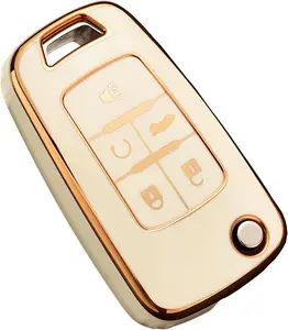 for Chevy Key Fob Cover, Premium TPU Full Protection Key Fob Case for Chevrolet Equinox Camaro Cruze Malibu Sonic Buick Terrain (5 Buttons Ivory)
