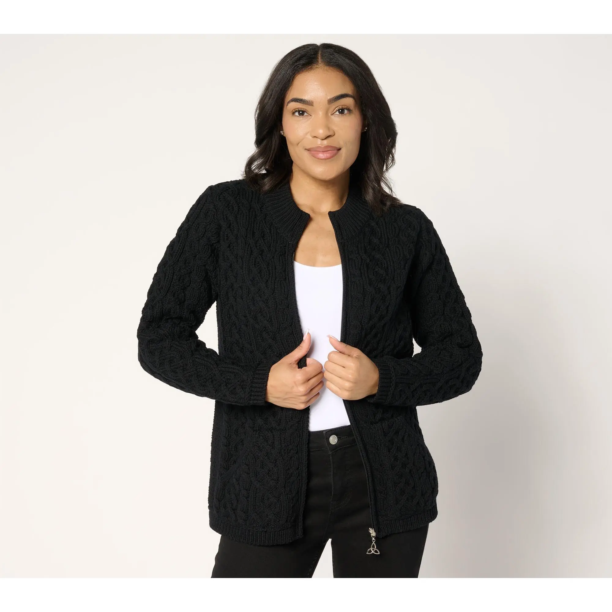 Aran Craft Merino Wool Zip-Front Cardigan