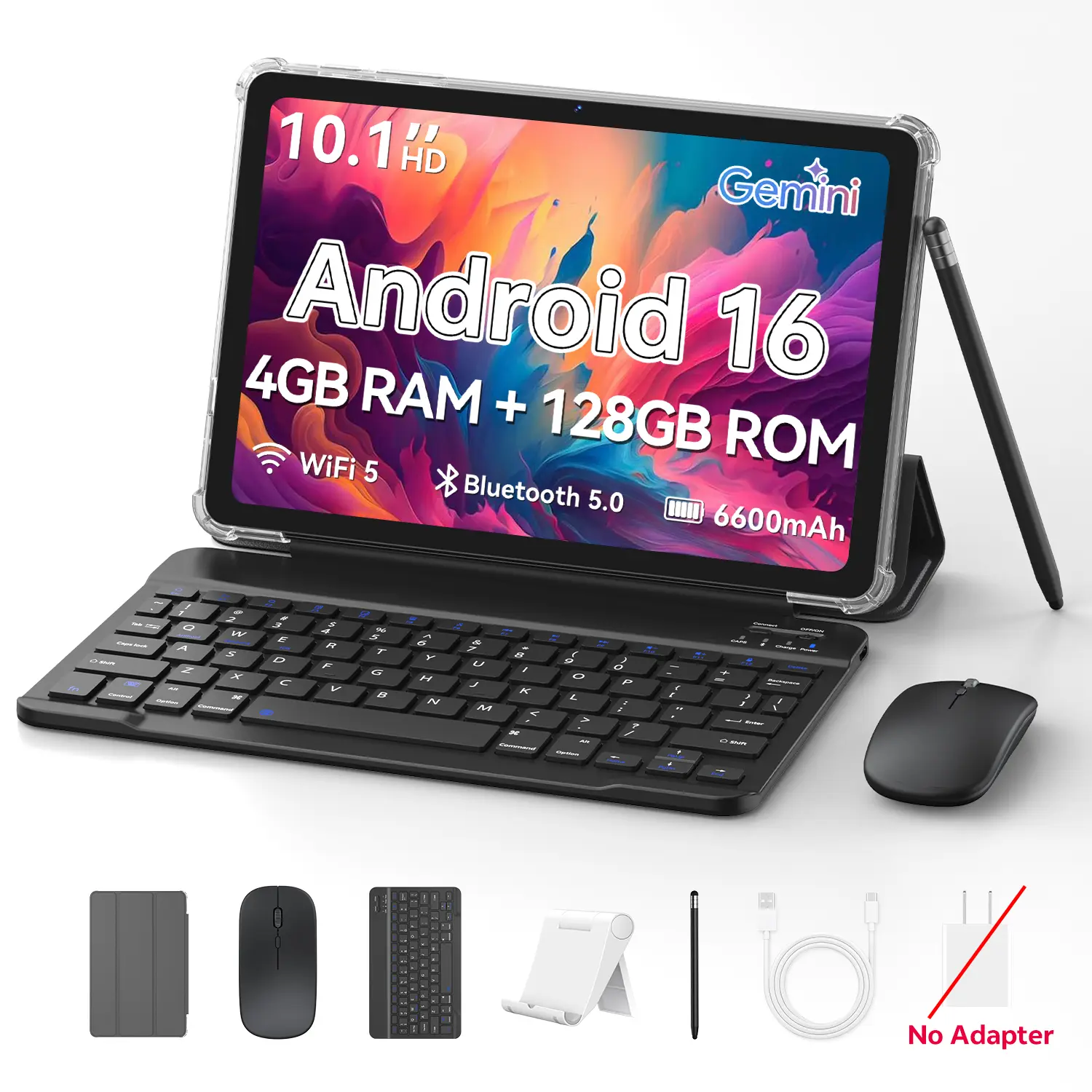 2026 10.1" Android 16 Tablet for Kids Adults with Keyboard, Stylus, Mouse,Stan & Case – 4GB base,16GB expand, 128GB ROM, WIFI,BT5.0, 1280x800 IPS, 8MP+2MP Camera, Face Unlock, Split Screen, 6600mAh Battery,(Grey)Spring Glow Up