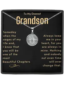 To My Dearest Grandson  Stainless Steel Compass Pendant Necklace, Meaningful Card Included, Birthday Christmas Present, All Seasons, Necklace Gift Box