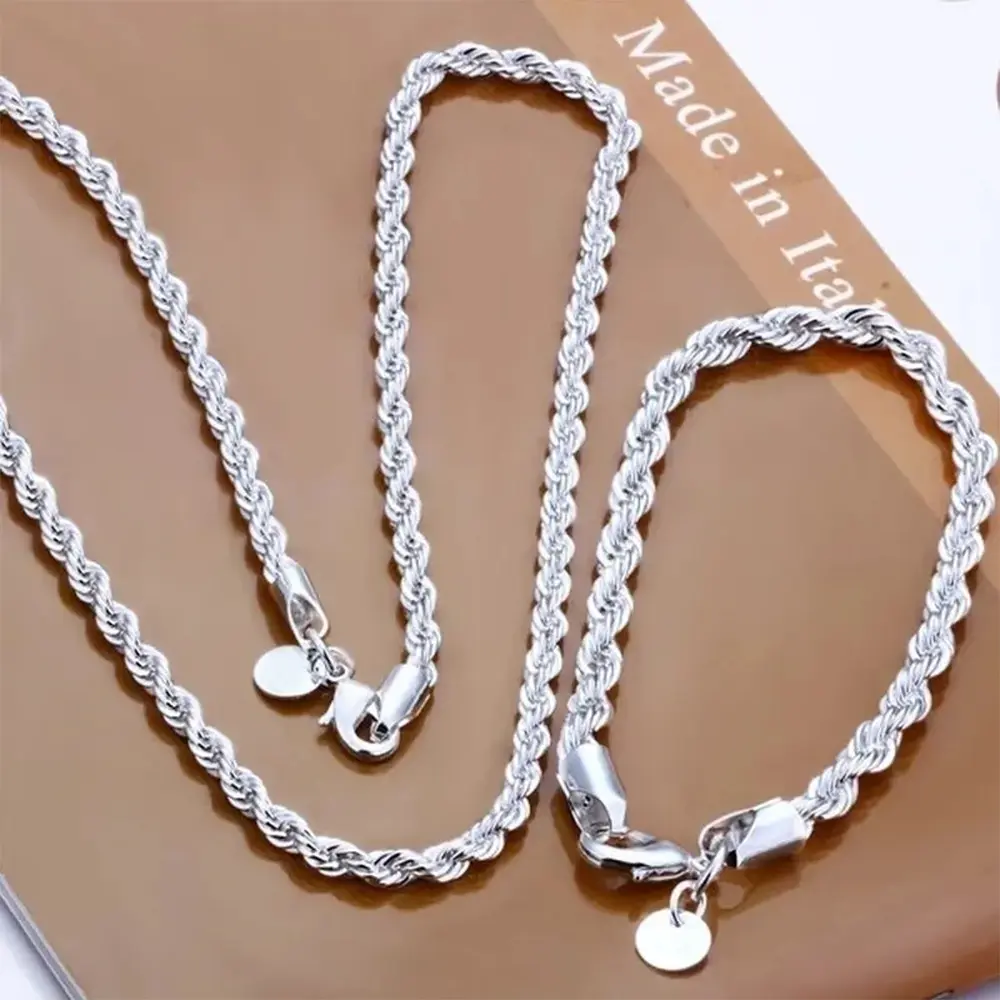 Unisex High-Quality Silver-Tone Twisted Rope Bracelet & Twist Necklace Set, Fashion Costume Jewelry Accessory for Men and Women, Unisex Names
