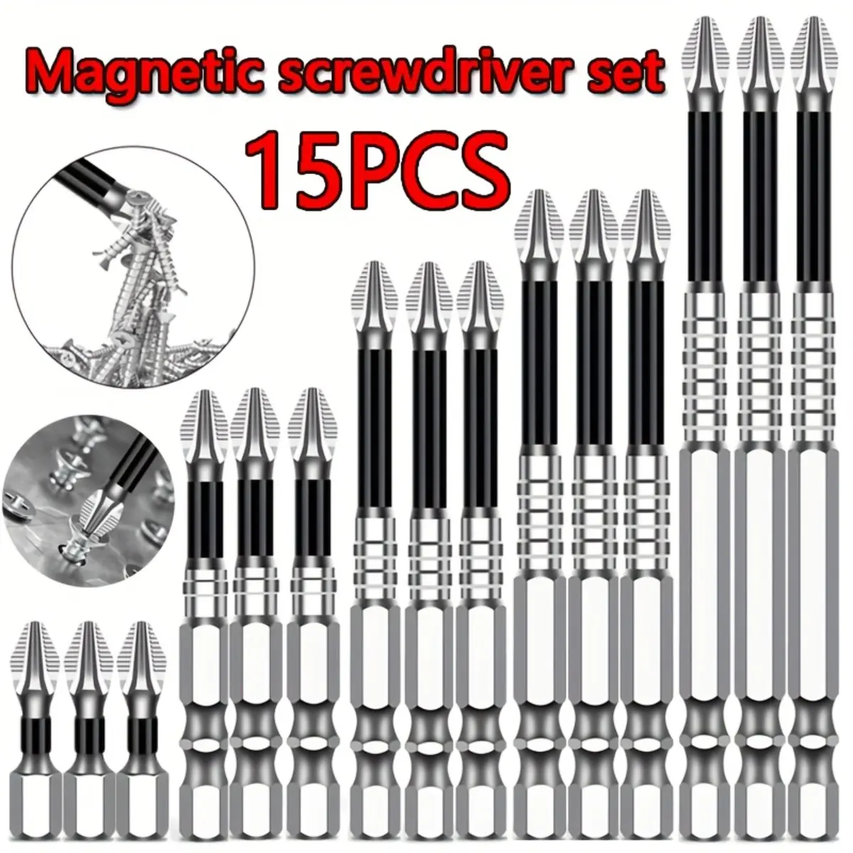 15PCS Anti-Slip Impact Magnetic Screwdriver Bit Set, Tool Accessories, K5 High Hardness Driver Bit Assortment, Shockproof Wear-Resistant, Compatible with Electric Screwdrivers and Manual Drills, Ideal for Maintenance, Mechanical Work and HouseholdTool Use