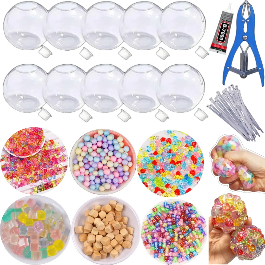 DIY Stress Ball Making Kit, Includes 6 Filler Packs, 10 Transparent Blank Skins, 15ML Glue, Expansion Tool, Ideal for Adult Relaxation