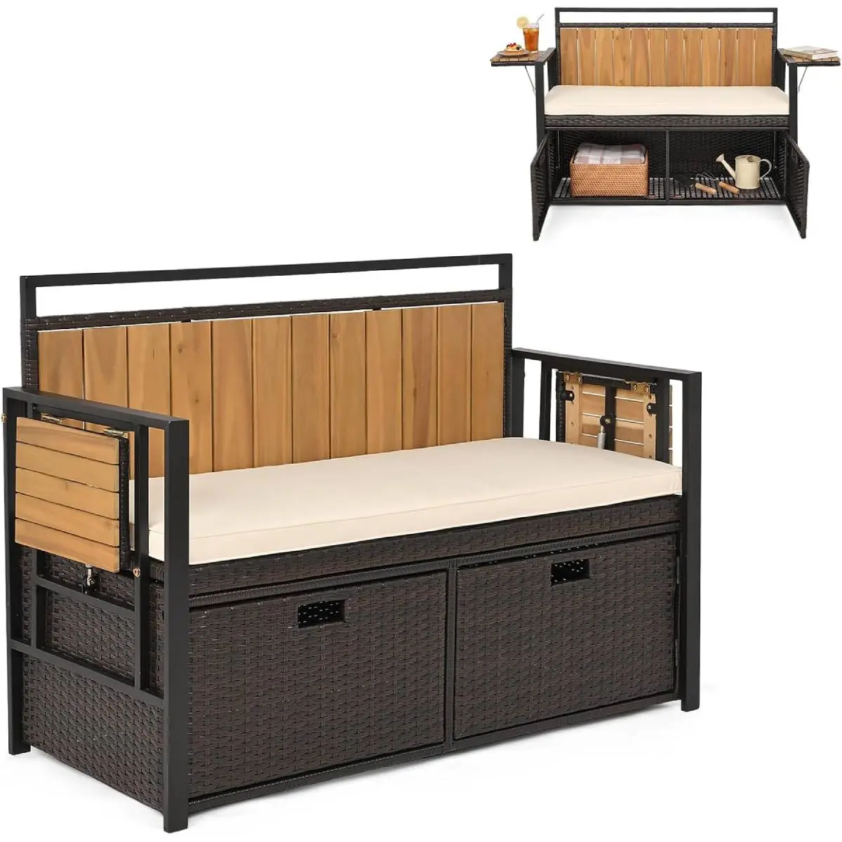 Costway Outdoor Storage Bench, Outside Cushioned Loveseat Seating with Acacia Wood Backrest, 2 Folding Side Tables & 2 Doors, PE Rattan Deck Box for Patio Cushions, Garden Tools & Pool Supplies