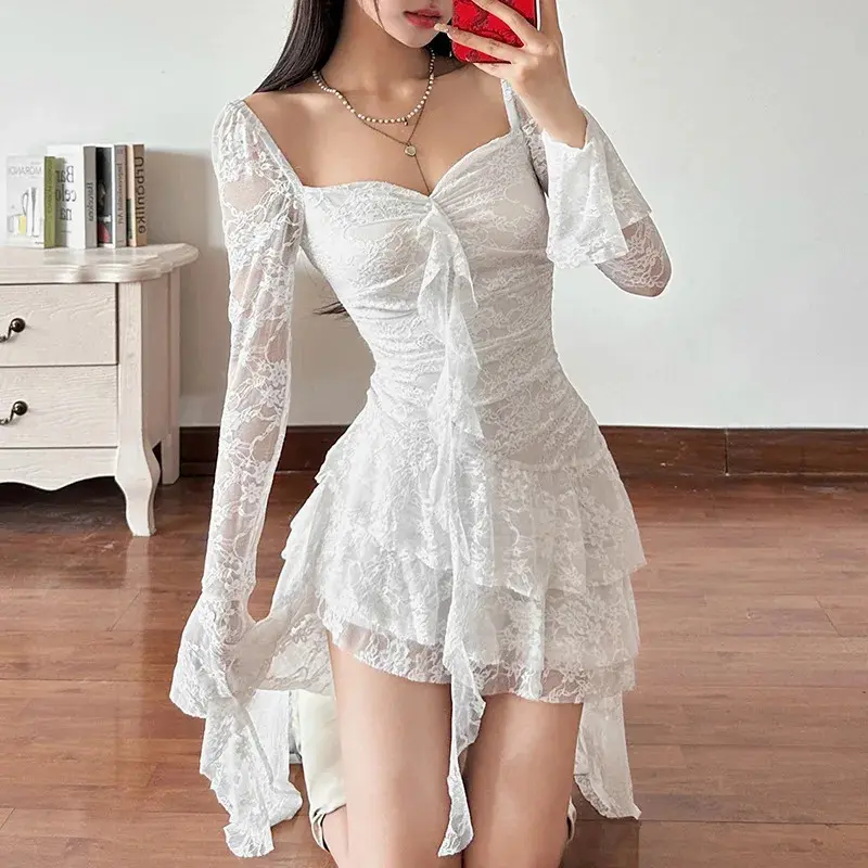 Goth Dark Fairycore Lace Flare Sleeve Square Neck A line Dress Sweet E girl Irregular Long Hem Dresses Cyber Y2K Party Vestido Formal Women Womenswear Flat