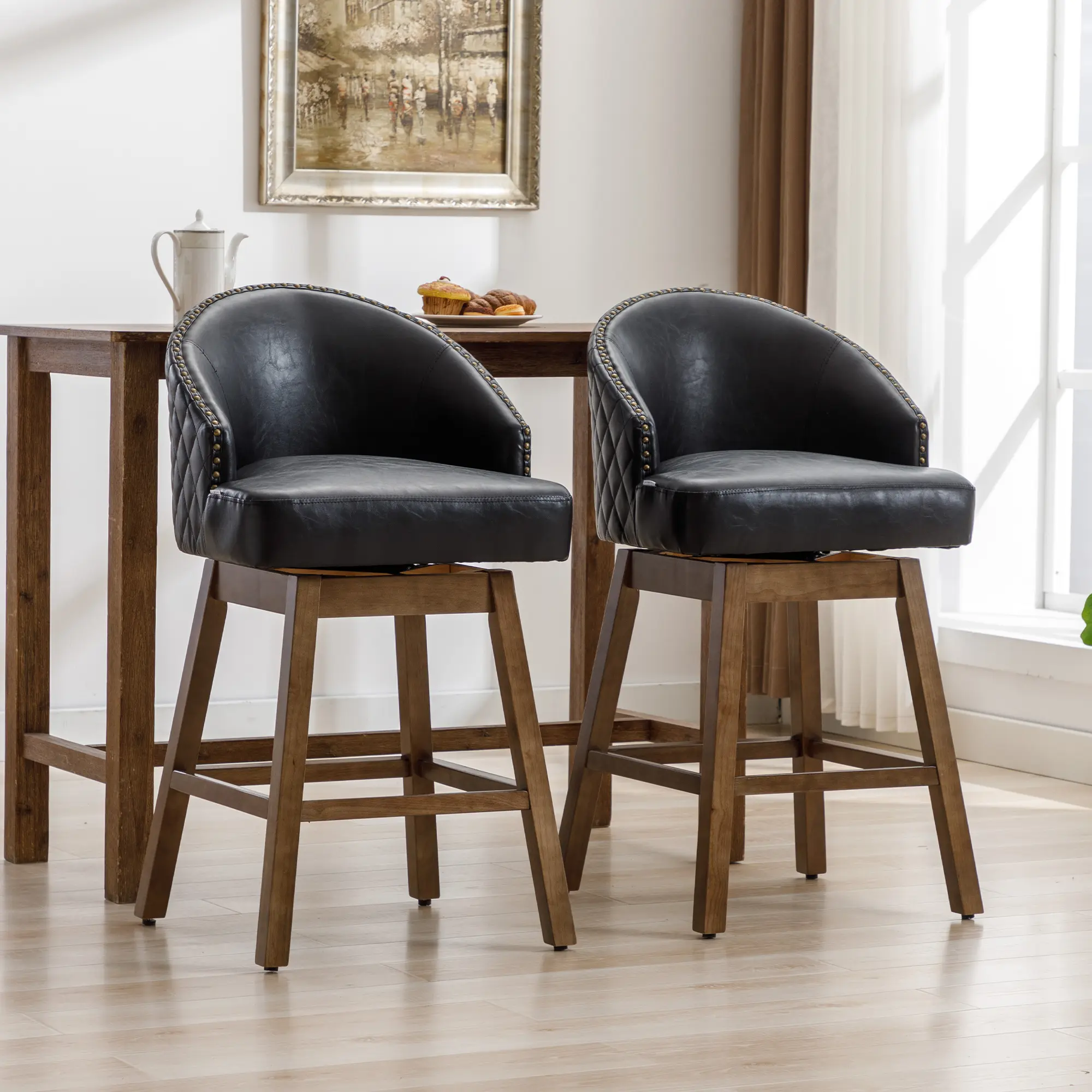 Rotating bar chair, counter height bar chair with backrest, leather rotating kitchen stool with wooden legs and footrest, soft cushion bar chair, kitchen island