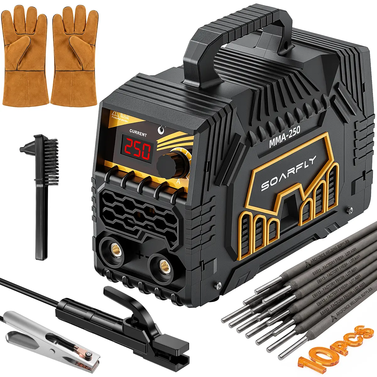 SOARFLY 110/220V 250A Welder Machine With Large LED Display, 5000 Watt Mini-Welder With Electrode Clamps, Earth Clamp, Wire Brushes, Rods And Gloves