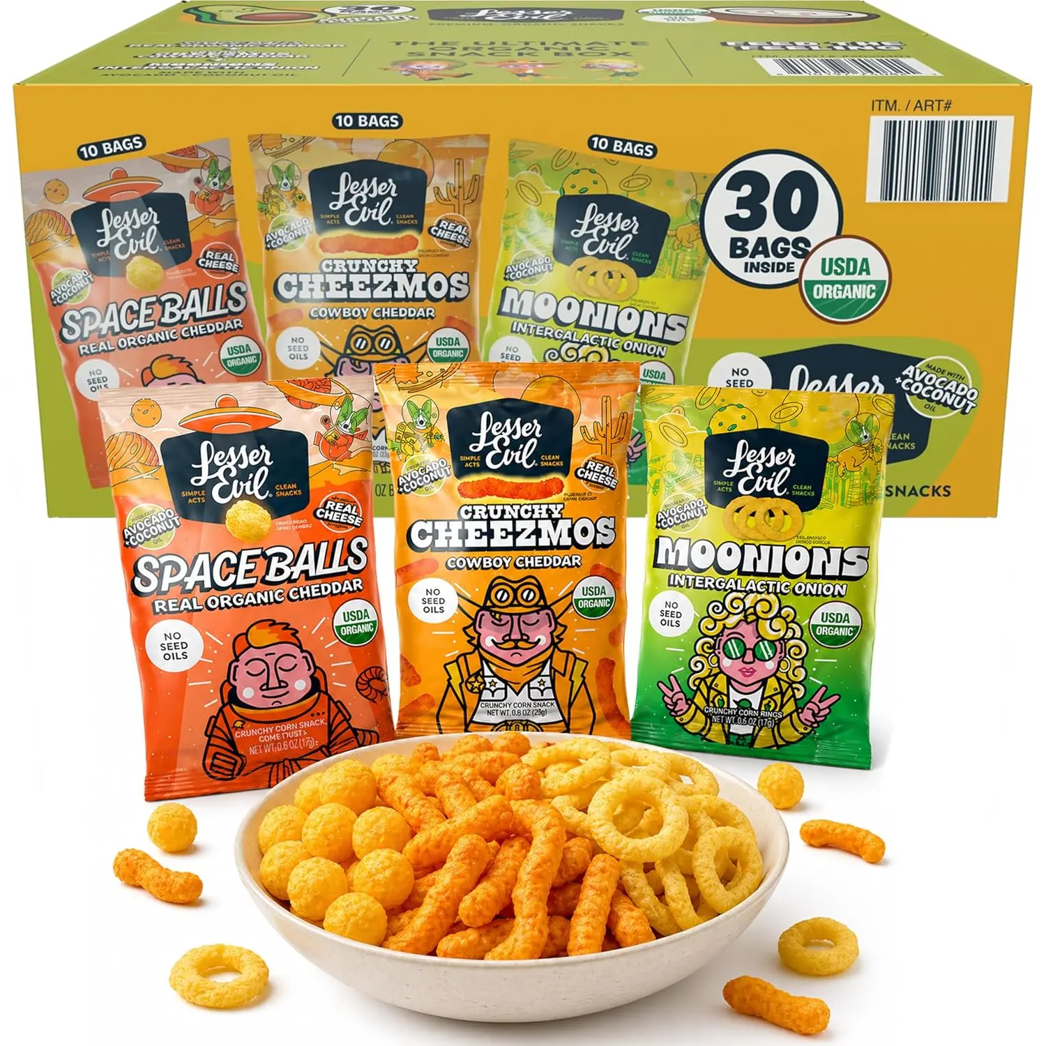 Organic Snack Box Variety Pack, 30 Count Single Serve Bags, Space Balls, Crunchy Cheezmos & Moonions, USDA Organic, No Seed Oils, Gluten Free, Non-GMO, Made with Avocado & Coconut Oil