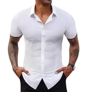 Men’s casual stretch shirt, short sleeves, slim fit, casual button-up shirt, muscle-fit cut, men’s dress shirt, menswear Father’s Day gift