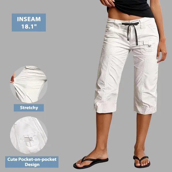 Flamingals Drawstring Stitch Detail Mid Waist Straight Leg Capri Pants Womenswear Stretchy 18.1" Inseam