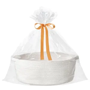 Woven Storage Basket with Handle,, 1 Count Durable Gift Wrapping Basket with  Gift Bag & Gift Ribbon, Suitable for Snack Basket, Toy Basket, Home Organizer