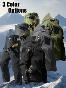 2-Piece Men's Tactical Jacket Set, Athleisure Wear Set, Fall/Winter Outdoor Solid-Color Shark Skin Cold-Resistant Fleece-Lined Hooded Softshell with Workwear Pants Multi-Pocket Athletic Training Set Ideal for Skiing, Hiking