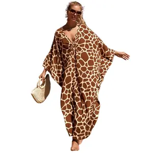Plus Size Mumu Dresses for Women - Boho Batwing Sleeve Caftan with Side Slits, Long Moo Moo Nightgown & Beach Cover Up - Stone Print