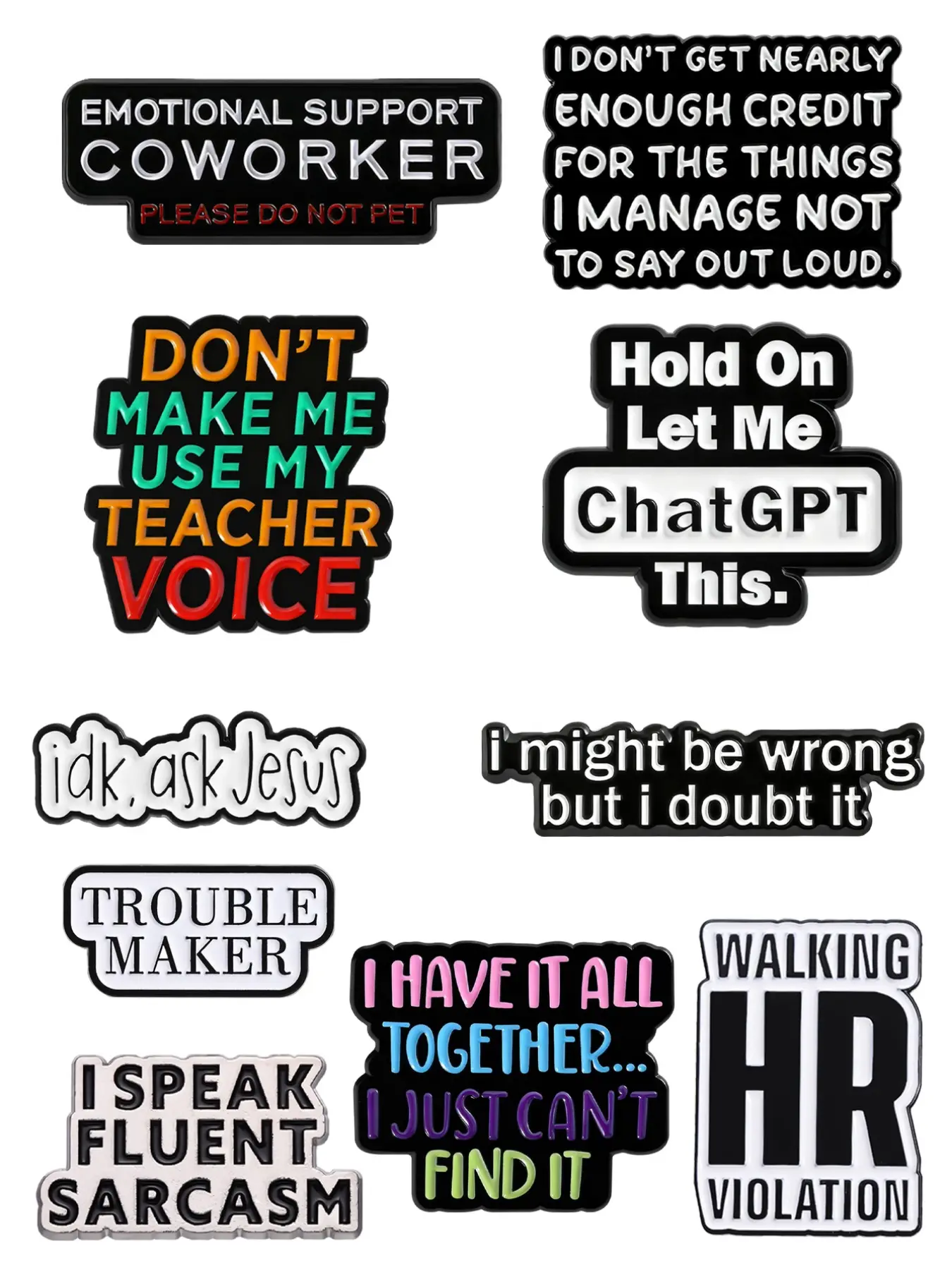 10-Piece Fun Text Badges with Pattern, Witty Humorous Self-Deprecating Slogans, Multi-Scene Workplace Social Design, Daily Wear for Young People