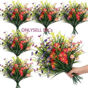 8pcs/24pcs Decorative Artificial Flowers, UV-Resistant Plastic Fake Greenery, Indoor Outdoor Garden Decor, Window Shelf Porch Potted Plants, Artificial Flower Set, Artificial Flower Decorations