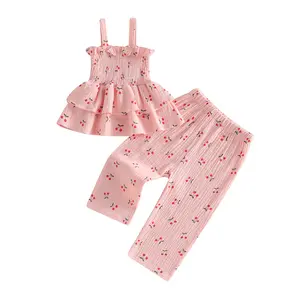 Toddler Girl Summer Outfits Cherry Print Sleeveless Smocked Tank Tops + Elastic Waist Long Pants 2 Pcs Set