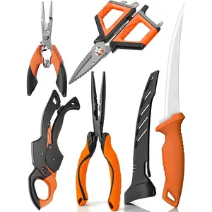 5PC Fishing Tool Kit - Fillet Knife, 2PC Fishing Pliers,Fishing Braid Scissors and Fish Lip Gripper, Fishing Gear for Fly Fishing, Ice Fishing