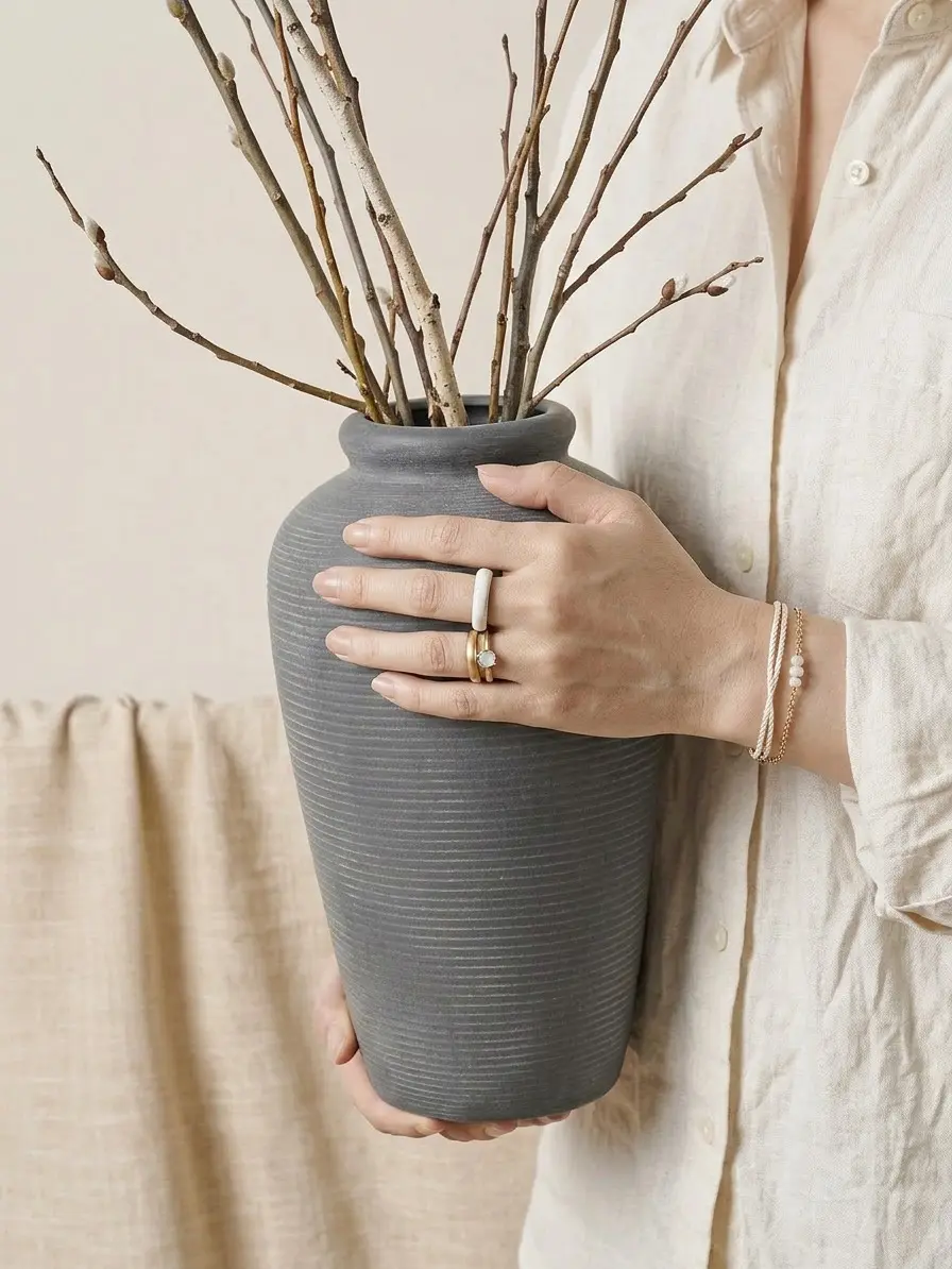 Ceramic Rustic Flower Vase 11 Inch Large Farmhouse Decor Pottery Black Vase for Living Room Bedroom Entryway Table Mantel Kitchen Handmade Vintage Floral Decoration