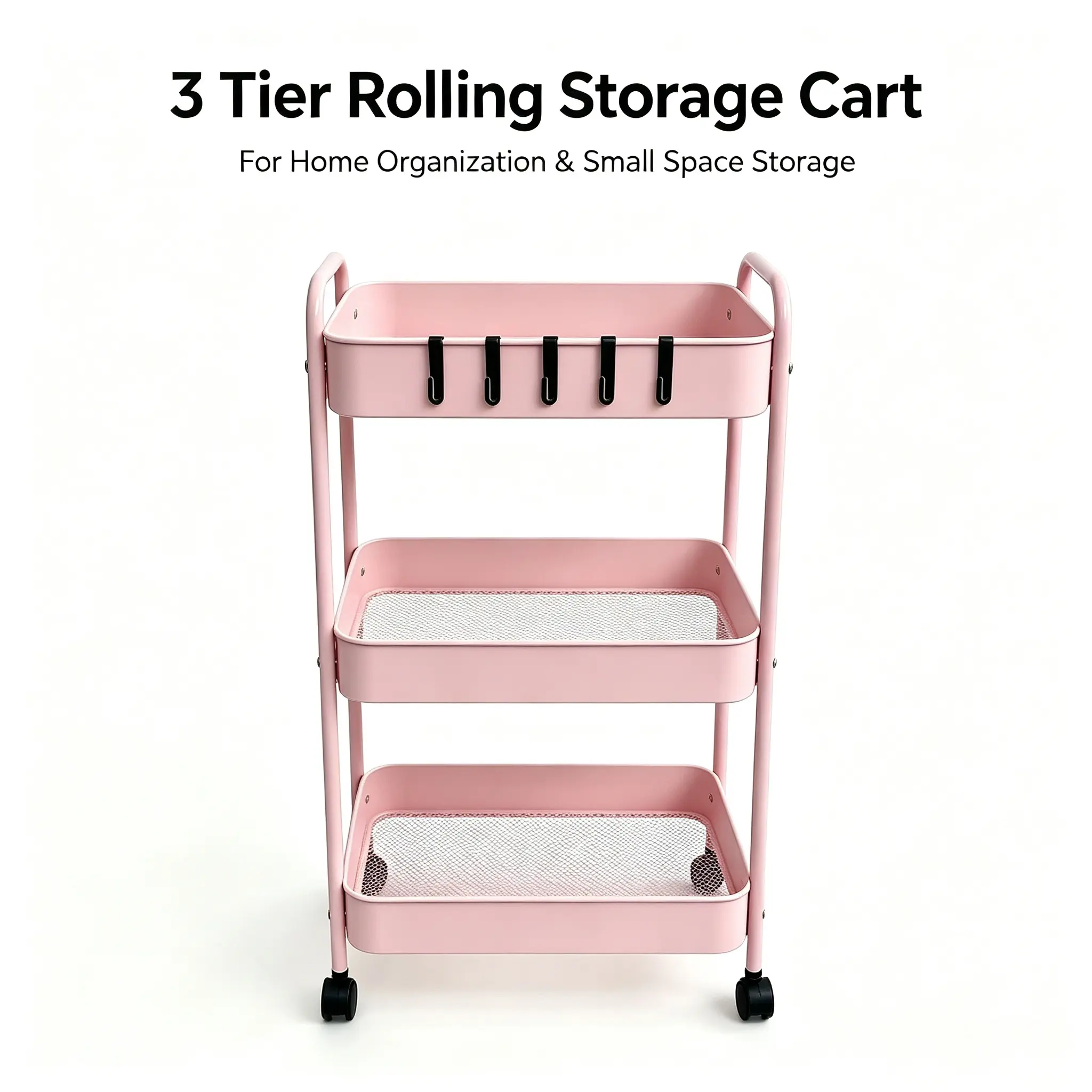 Pink 3-Tier Lightweight Metal Mesh Rolling Utility Cart - Minimalist Storage Organization Rack with Dual Side Handles, Lockable Wheels, for Office Room Storage, Makeup Vanity, Racks, Organizer Storage cute desk accessories