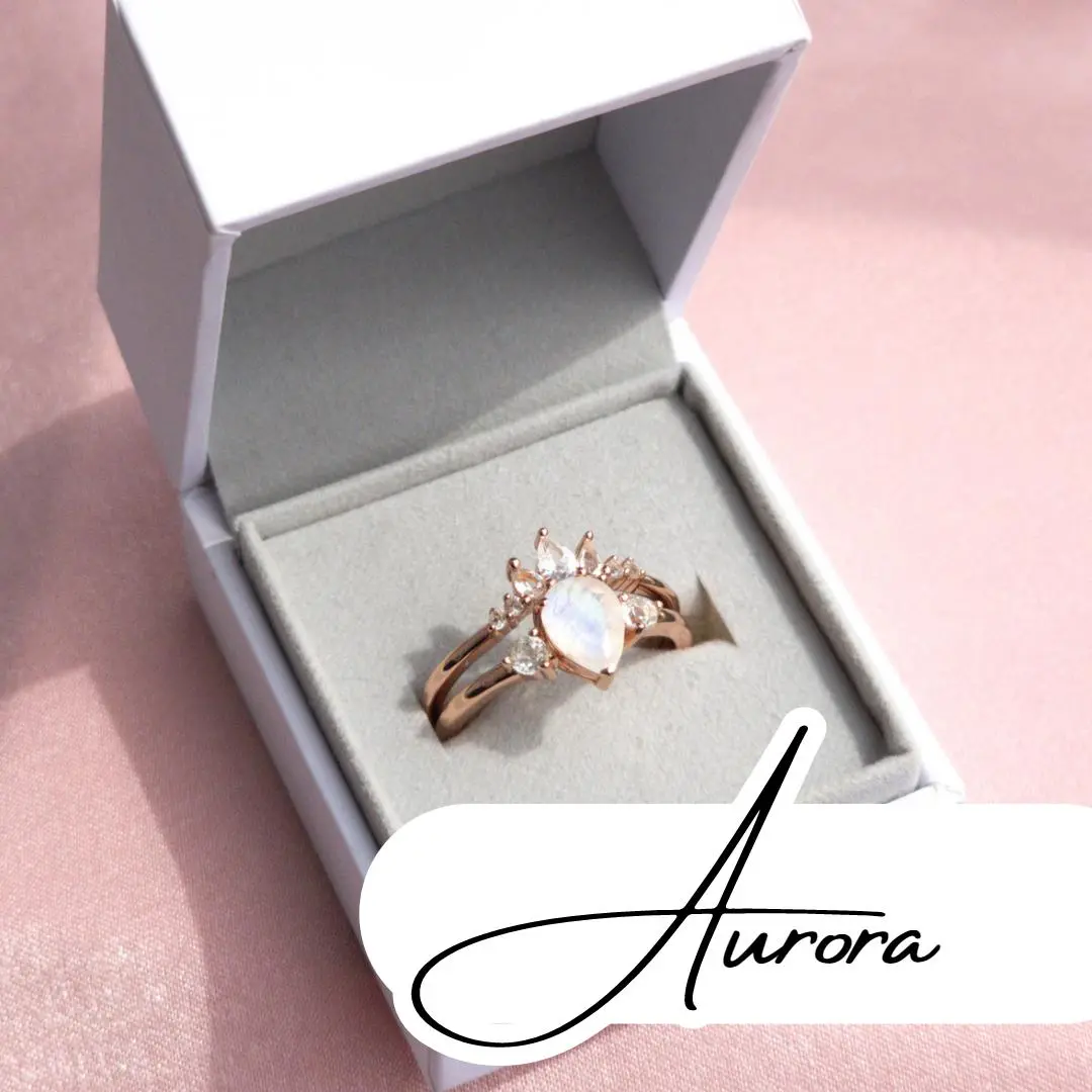 Valerie Rose - Aurora - Rainbow Moonstone Ring Set, Sterling Silver Engagement Promise Wedding for Women, Dainty, June Birthstone, Anniversary Gift