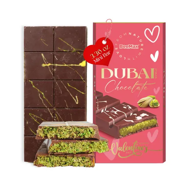 BeeMax Limited Valentine’s Pink Edition Dubai-Style Mini Chocolate Bar - 3.36 oz (Pack of 1) - Premium Milk Chocolate with Kadayif & Pistachios - Middle Eastern Indulgence - Valentine’s Day Gift - Imported from Turkey