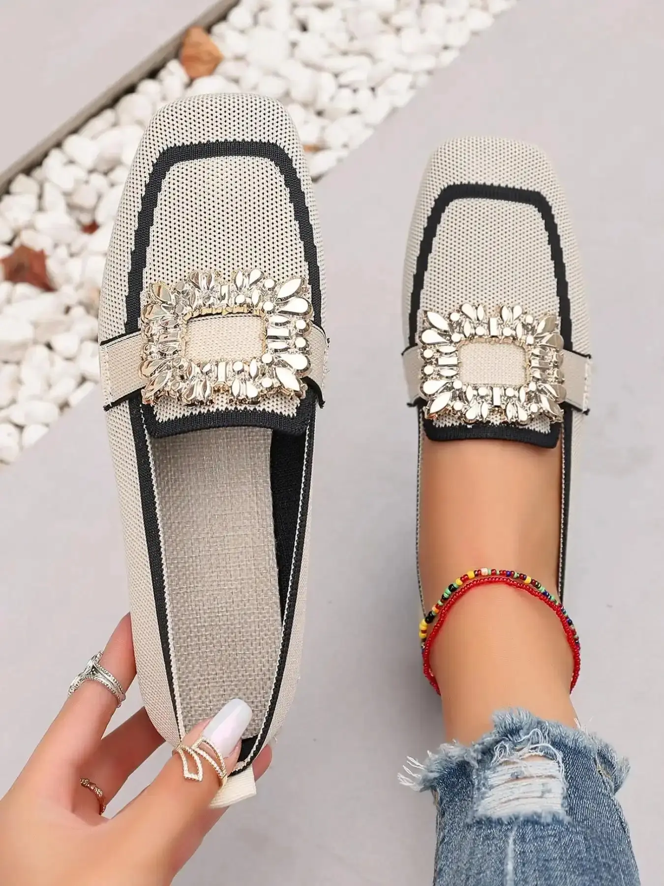Women's Breathable Lightweight Flat Shoes, Rhinestone Buckle Design, Slip-On Comfort Casual Perfect for Daily Commuting and Shopping, Loafers, Fashionable Flats, trendy wardrobe musthave silhouette
