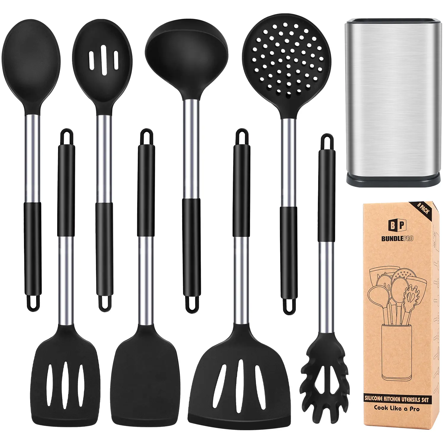 Silicone Cooking Utensil Set - 8Pcs Non-Stick Cookware with Stainless Steel Handle, BPA Free, Heat Resistant Kitchen Tools, girly kitchenware Black