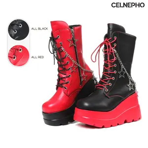 CELNEPHO Platform Boots for Women Round Toe Chunky Wedge Heel Mid Calf Boots Thick Sole Rave Kawaii Boot Sode Zipper Closure Starry Sky Chain Decor Lace Up Easy Pull on Comfy Boot Street Party Bike Riding Gothic Punk Cosplay Gift Dress Shoes