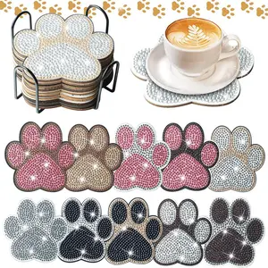 10 irregularly shaped dog claw patterned artificial diamond painted coasters DIY crystal diamond painted wooden table art coasters with stand, suitable for adult office coffee MATS, family coasters, handicrafts, supplies, gifts