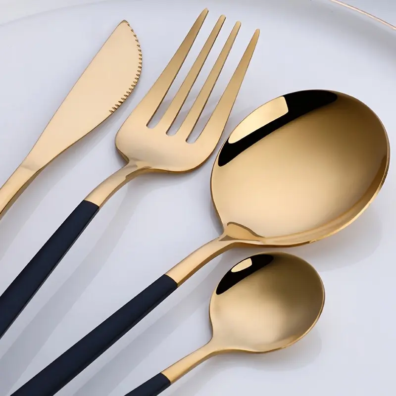 4pcs/set Durable Stainless Steel Flatware Serving Set - Black, Golden, Silverware for Home, Kitchen, Christmas, and Restaurant Use, Dinnerware Service Set
