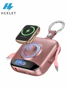 Hcelet 10000mAh 3-in-1 Portable Power Bank with Built-in USB-C & Lightning Cables + Magnetic Apple Watch Wireless Charging – 22.5W Fast Charging for iPhone & Android Gadgets Smartphone