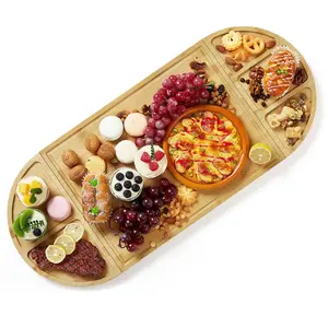 【GARVEE】Cheese Board Set of 3 with Magnetic, Large Bamboo Serving Board Tray with 5 Built-In Compartments and Deep Juice Grooves, Cheese Platter for Kitchen, Party, Wedding
