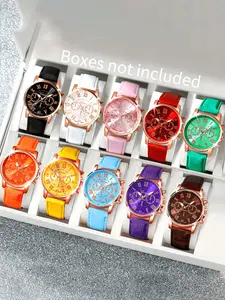 Fashion Watch Set for Women, Casual Round Dial Analog Quartz Watch, with PU Leather Strap, Trendy Watch Set for Daily Use, Fashionable Stylish Watch, Casual Trendy Wristwatch