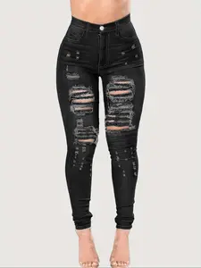 Plus Size Pocket Button Ripped Jeans, Washed Denim Faded Jeans for Women, Casual High Waist Tight Pants for Daily Wear, Women's Bottoms for All Seasons