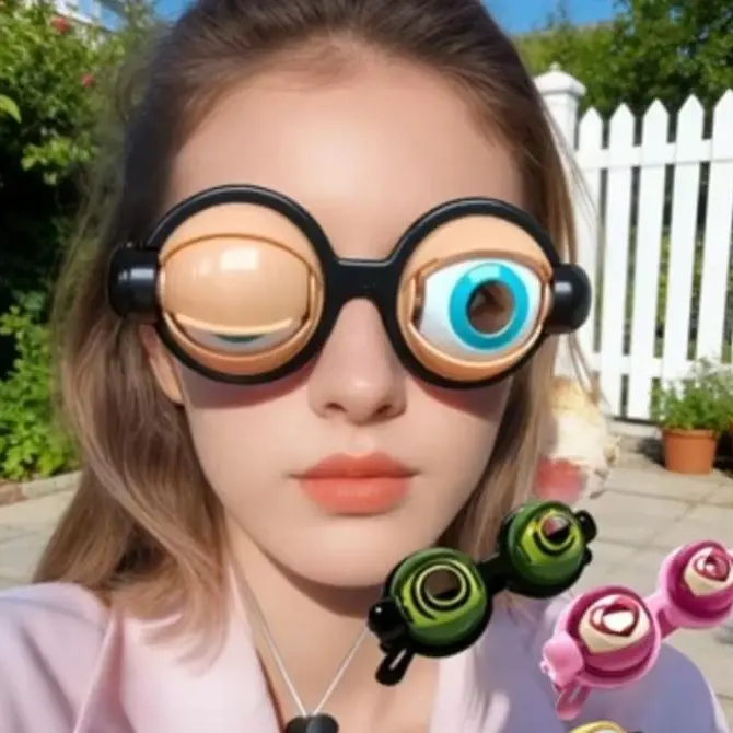 Adult Funny Crazy Eye Glasses with Sliding Rope Control & Slapping Mouth Mechanism for Halloween New Year Pranks in Blue Pink Black